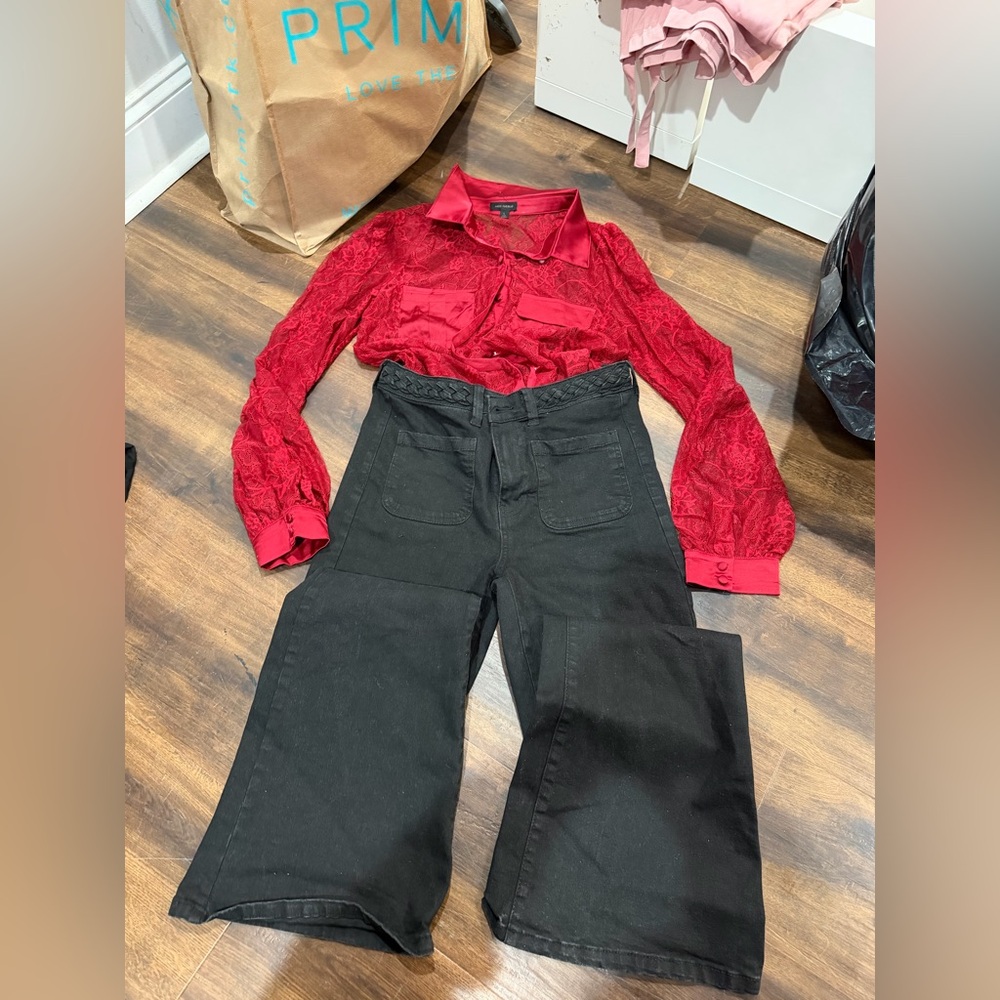 Red Lace Blouse and Black Pants Set